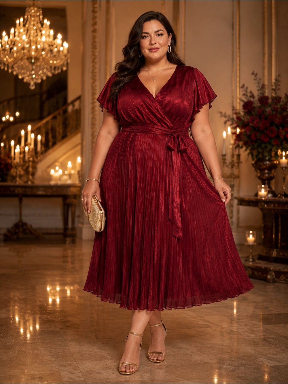 Sz 16W Red Bordeaux Romance silky Pleated Wrap Midi Dress Melonie T